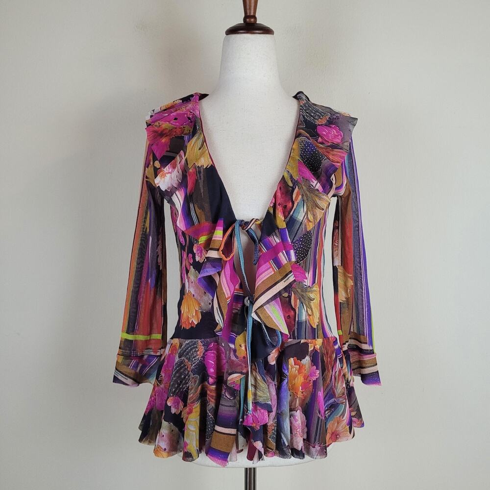 Fuzzi Blouse‎ Small Multicolor Floral Sheer Mesh Ruffle Boho Abstract Y2K Peplum